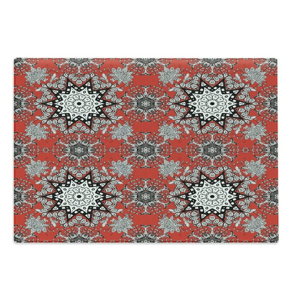 Mandala Cutting Board, Floral Swirls Leaves Lace Seem Hand Drawn Image Illustration, Decorative Tempered Glass Cutting and Serving Board, Large Size, Scarlet White, by Ambesonne
