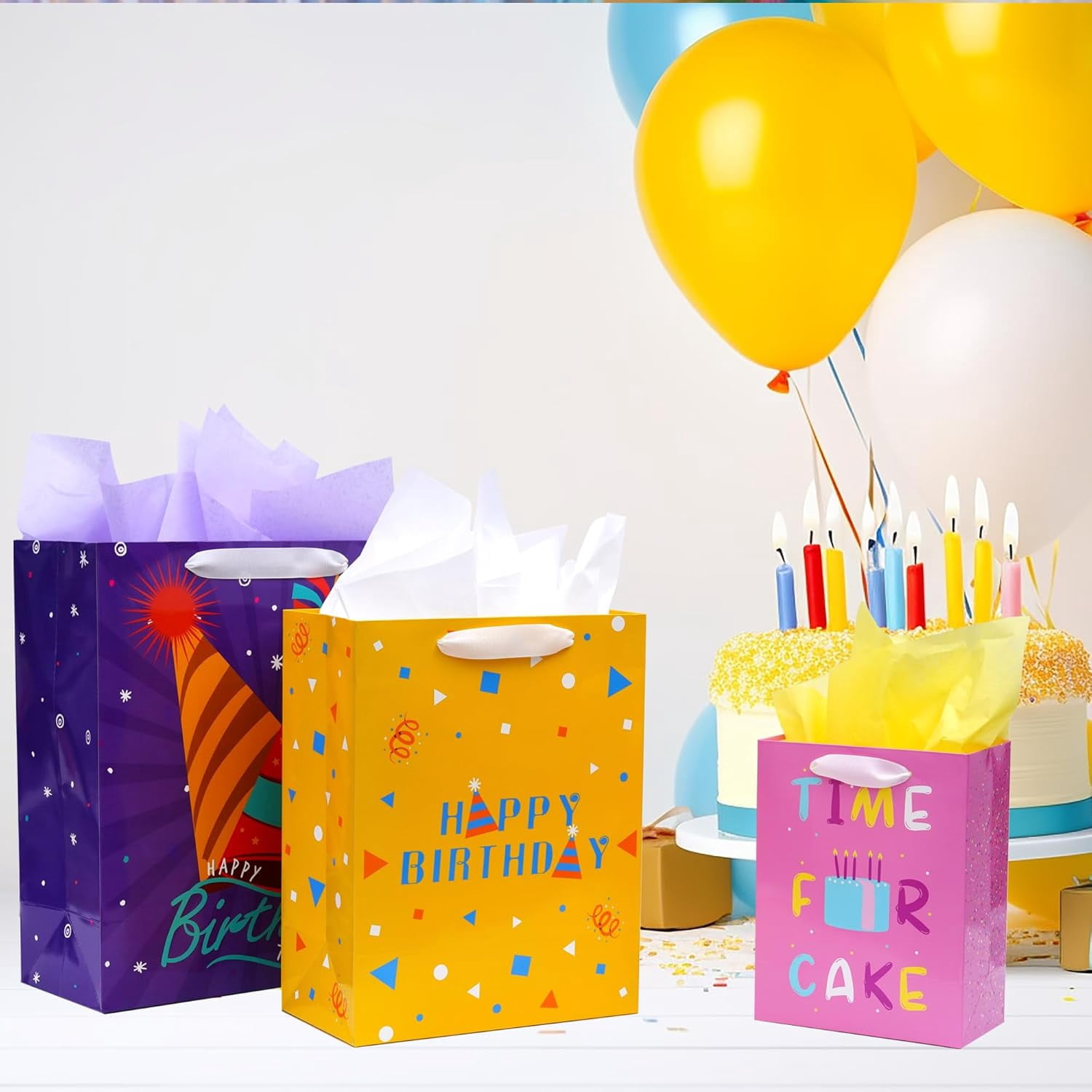 8 Pack Birthday Gift Bags Assorted Sizes (2 Extra Large 15", 3 Large 13",3 Medium 9") with Ribbon Handle and Tissue Paper, Reusable and Perfect For Wrapping Present