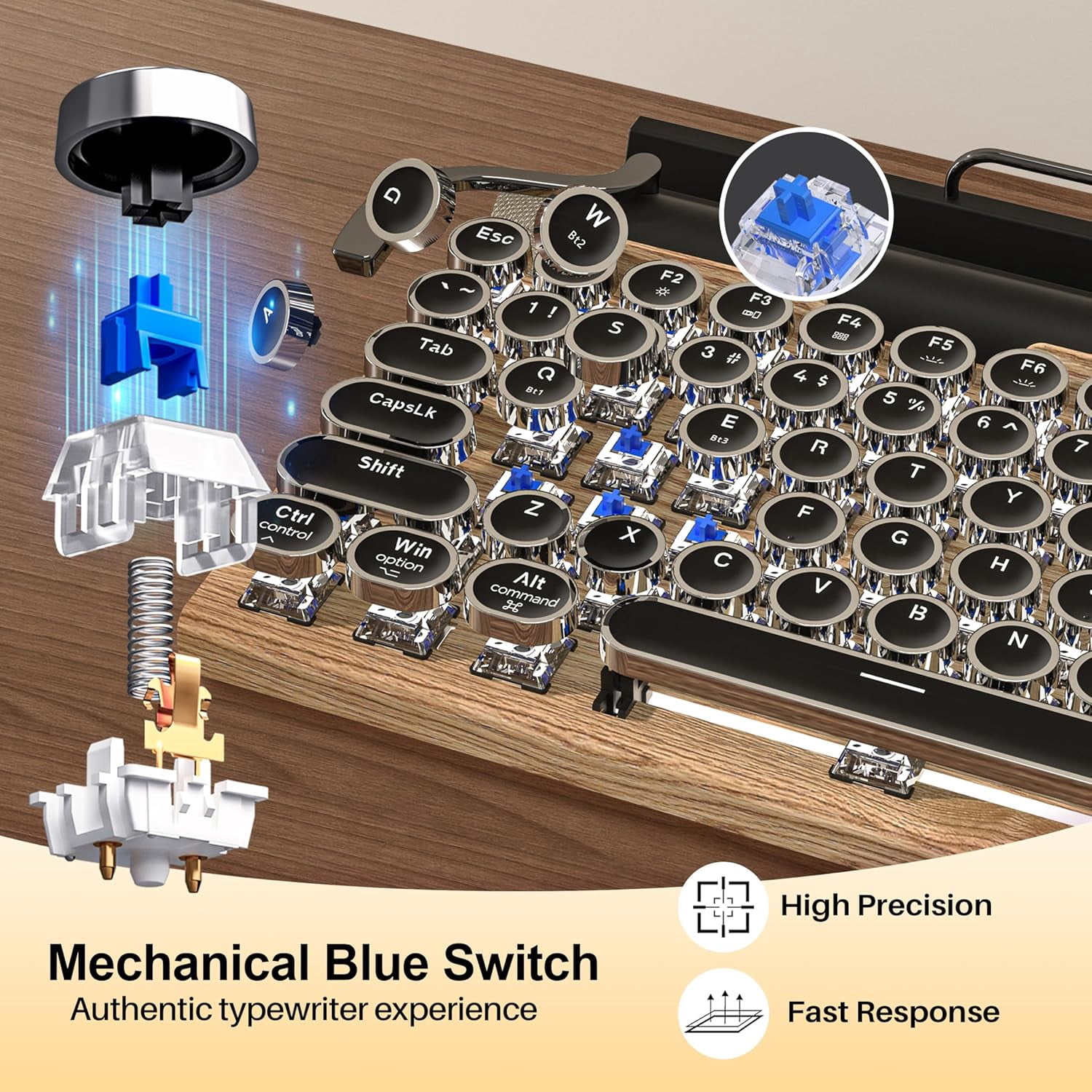 Wireless Mechanical Gaming Keyboard with Bluetooth 5.0, Vintage 83-Key Design, Blue Switches, Punk Round Keycaps, LED Backlight, Compatible with PC/Laptop/Tablet/Phone, Wood Frame