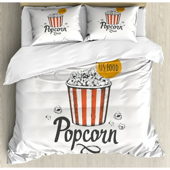 Movie Theater Queen Size Duvet Cover Set, Sketch Design Cinema Snack US Fast Food Pop Corn Art, Decorative 3 Piece Bedding Set with 2 Pillow Shams, Charcoal Grey Vermilion Marigold, by Ambesonne