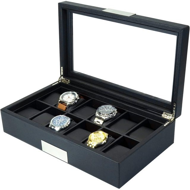 12 Slots MDF & PU Leather Watch Display Case Glass Top Jewelry Collection Storage Box Organizer Men/Women