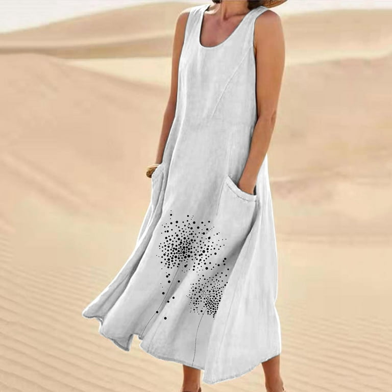knee length dresses for ladies Sleeveless A-line Linen Midi Dress With Waist Embroidery – shopaleena