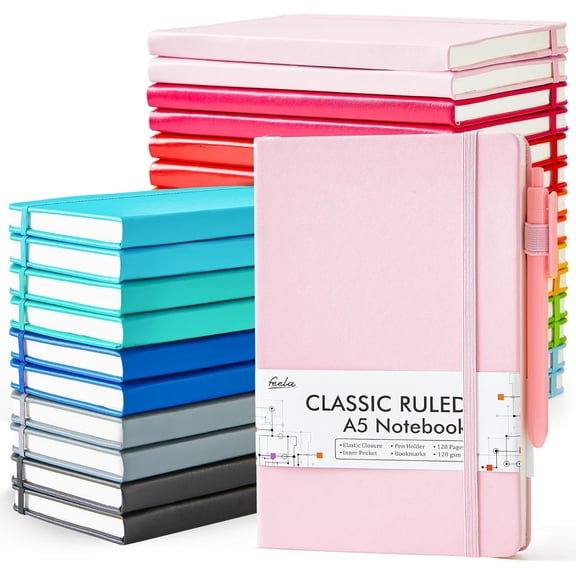 feela 24 Pack Journal Notebook Bulk for Work, Business Notebook Hardcover Lined Writing Journal with Pen Holder for Women Note Taking,with 24 Black Pens,120 GSM,5.1”x8.3”,A5,Solid Colors