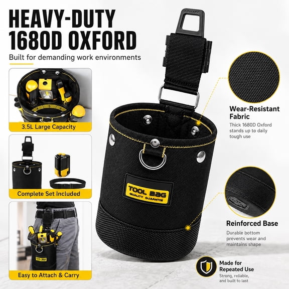 Quick-Lock Tool Pouch Belt Bag, Heavy Duty 1680D Oxford Tool Waist Pouch with Carabiner Hook, 3.5L Hardware Organizer for Electricians, Construction & Maintenance
