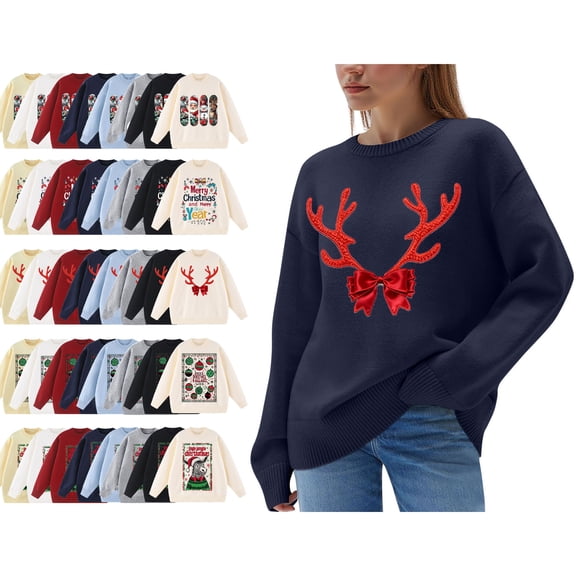 Danhjin Christmas Sweater Tops for Women Funny Print Oversized Crew Neck Long Sleeve Fall Winter Pullover Tunic Cute Shirts Fashion Comfy Soft Cozy Loungewear Outdoor Knitwear Blouses