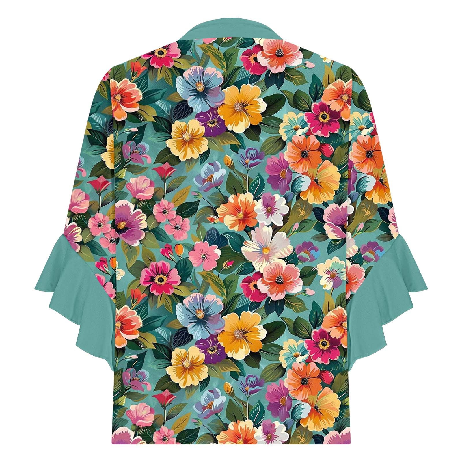 Women Boho Floral Print Blouses with 3/4 Flowy Ruffle Sleeves V Neck Half Button Down Shirt for Summer Beach Vacations