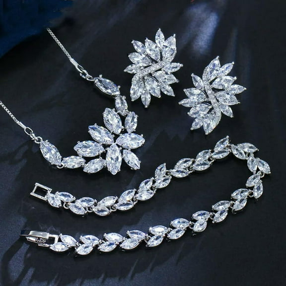 Silver Plated CZ Flower Leaf Necklace Earrings Bracelet Set for Women Jewelry