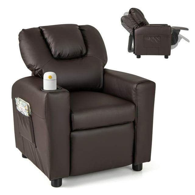 Costway Kids Recliner Chair with Cup Holder & Side Pocket Adjustable Backrest Footrest Brown
