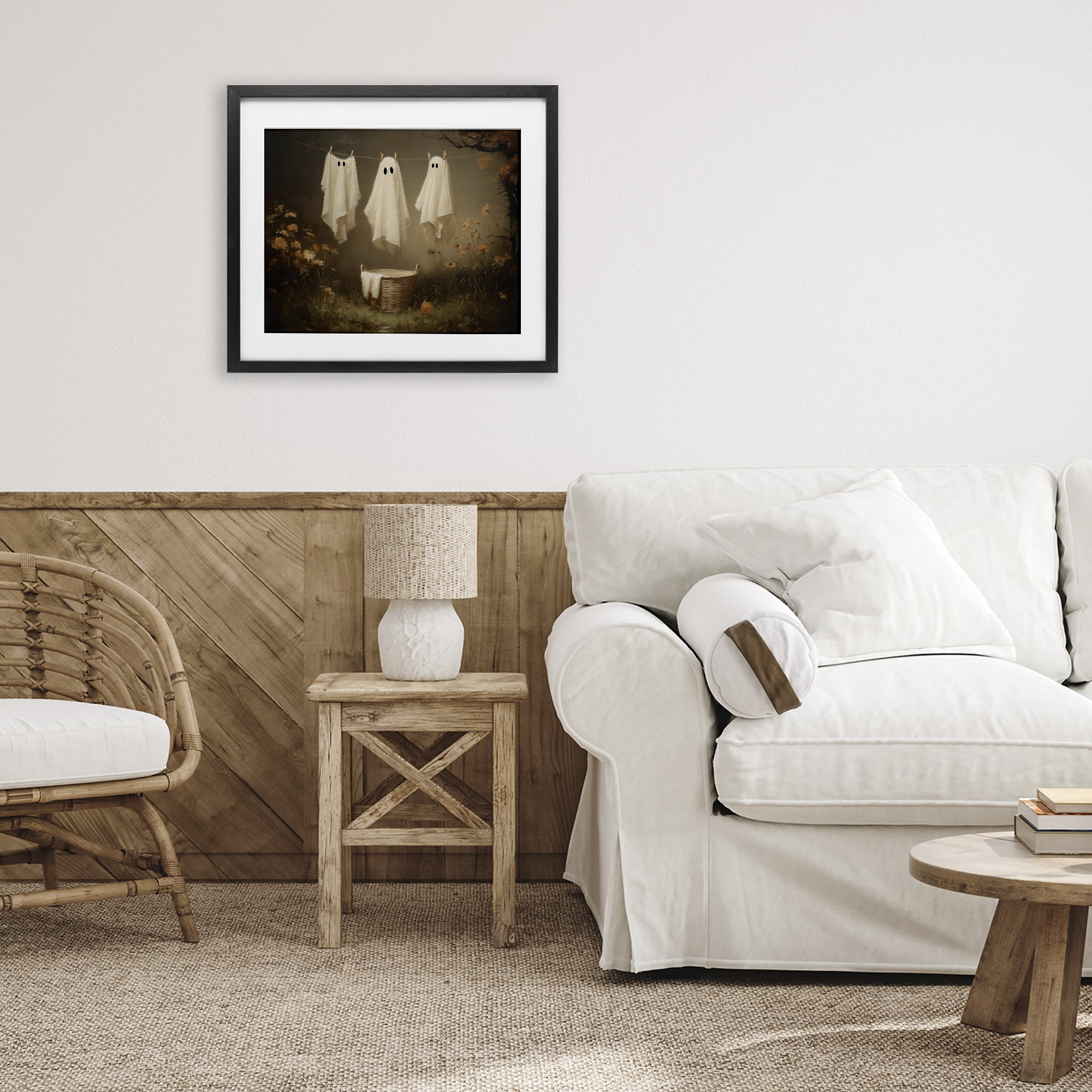 Three Laundry Ghosts Hanging Black Framed Print Under Glass, design by Arlington Prints