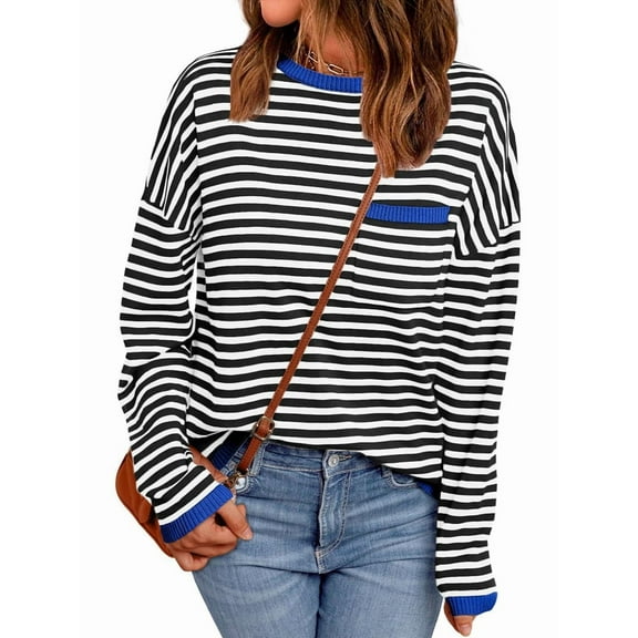 Womens Striped Soft Knit Pullover Sweater Loose Fit Shirts with Chest Pocket Moonlight Blue L