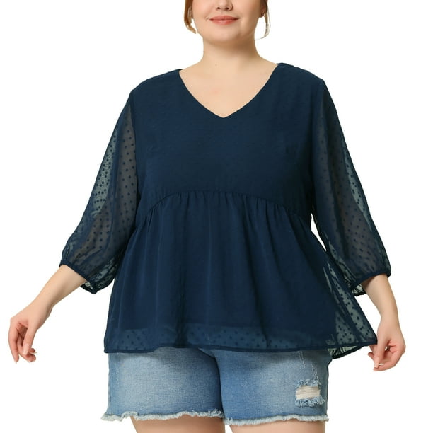 Blude mujer de talgrande con puntos suizos y cuello en V Peplum Top Blusas Azul Oscuro 4XL