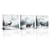 Elk Bear in Winter Forest Framed Canvas Prints Modern Wall Art Decor 12"x12"x3 Pcs Hunting Theme Decoration Painting for Home