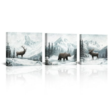 Elk Bear in Winter Forest Framed Canvas Prints Modern Wall Art Decor 12"x12"x3 Pcs Hunting Theme Decoration Painting for Home
