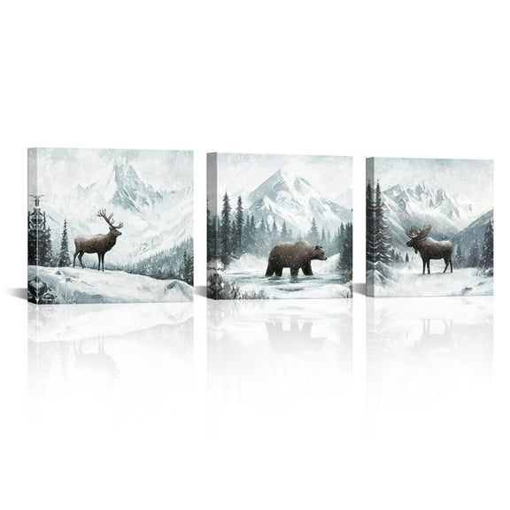 Elk Bear in Winter Forest Framed Canvas Prints Modern Wall Art Decor 12"x12"x3 Pcs Hunting Theme Decoration Painting for Home