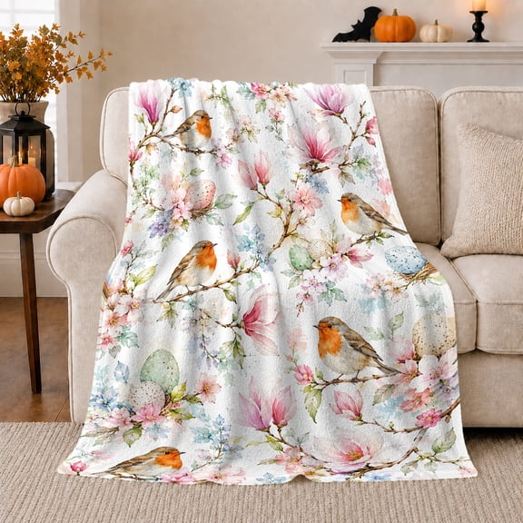 Spring Garden Robin Magnolia Blossom Painterly Watercolor, Peaceful Bird Art Scene, Warm Flannel Blanket for Living Room and Reading Nook, Bird Lovers Easter Gift, Artistic Home Decor