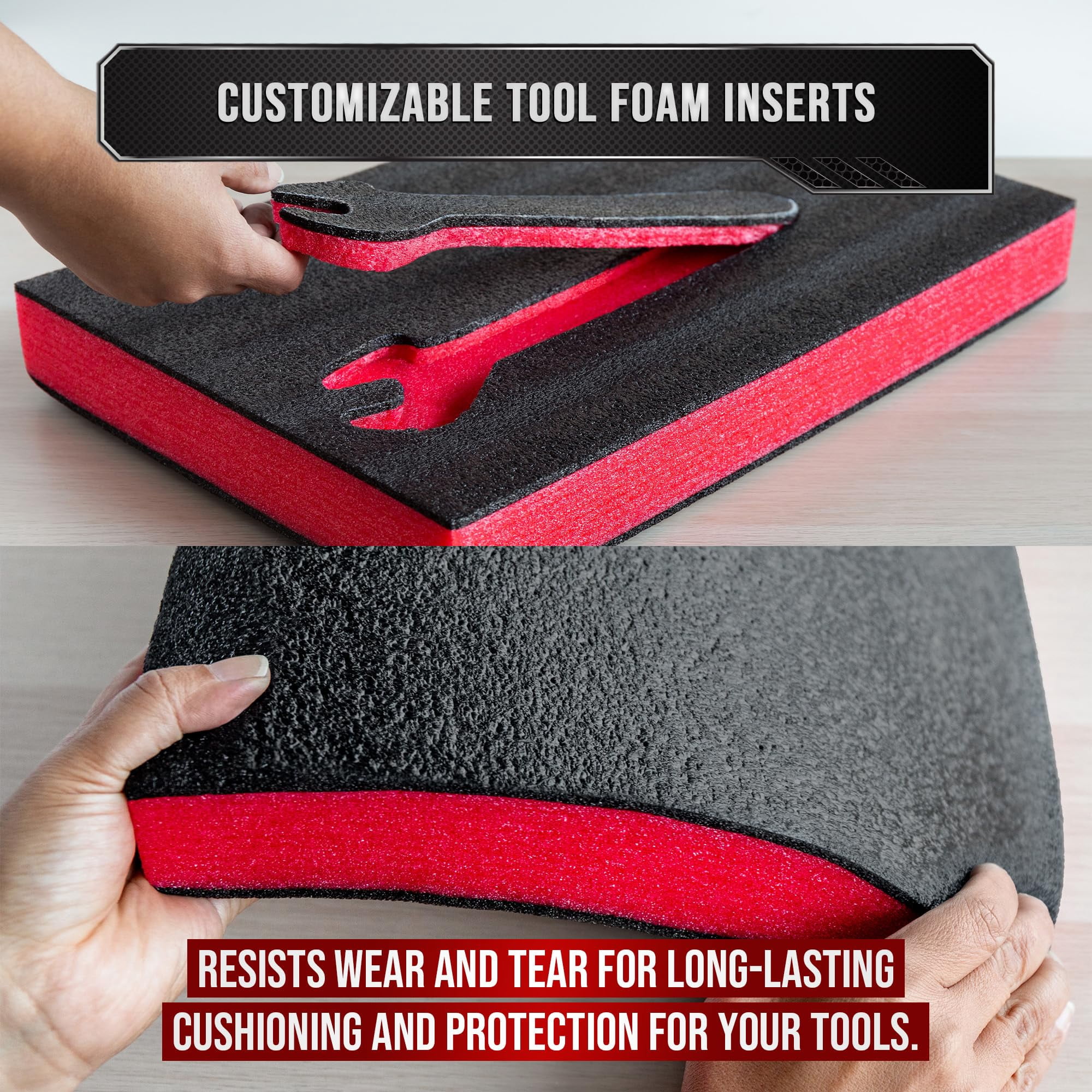Precision Defined Tool Box Foam - Protective Inserts for Cases, Polyethylene Tool Foam for Cases, Cushion Insert for Toolboxes - 18" Black/Red (3 pack)