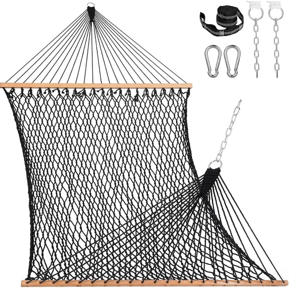 Hammocks 12FT Double Rope Hammocks, 2 Person Hand Woven Cotton Hammock with Spreader Bar for Outside, Patio, Poolside, FIT 13-15 FT Stand, Max 450 Lbs, Natural, 141 x 57 inches