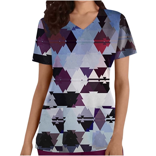 SDNall Veste de Travail Protectrice à Col en V Rétro à Blocs de Couleur Scintillante Imprimée à Manches Courtes avec Poche, Hauts pour Femmes, Vestes pour Femmes, Hauts à Manches 3/4 pour Femmes