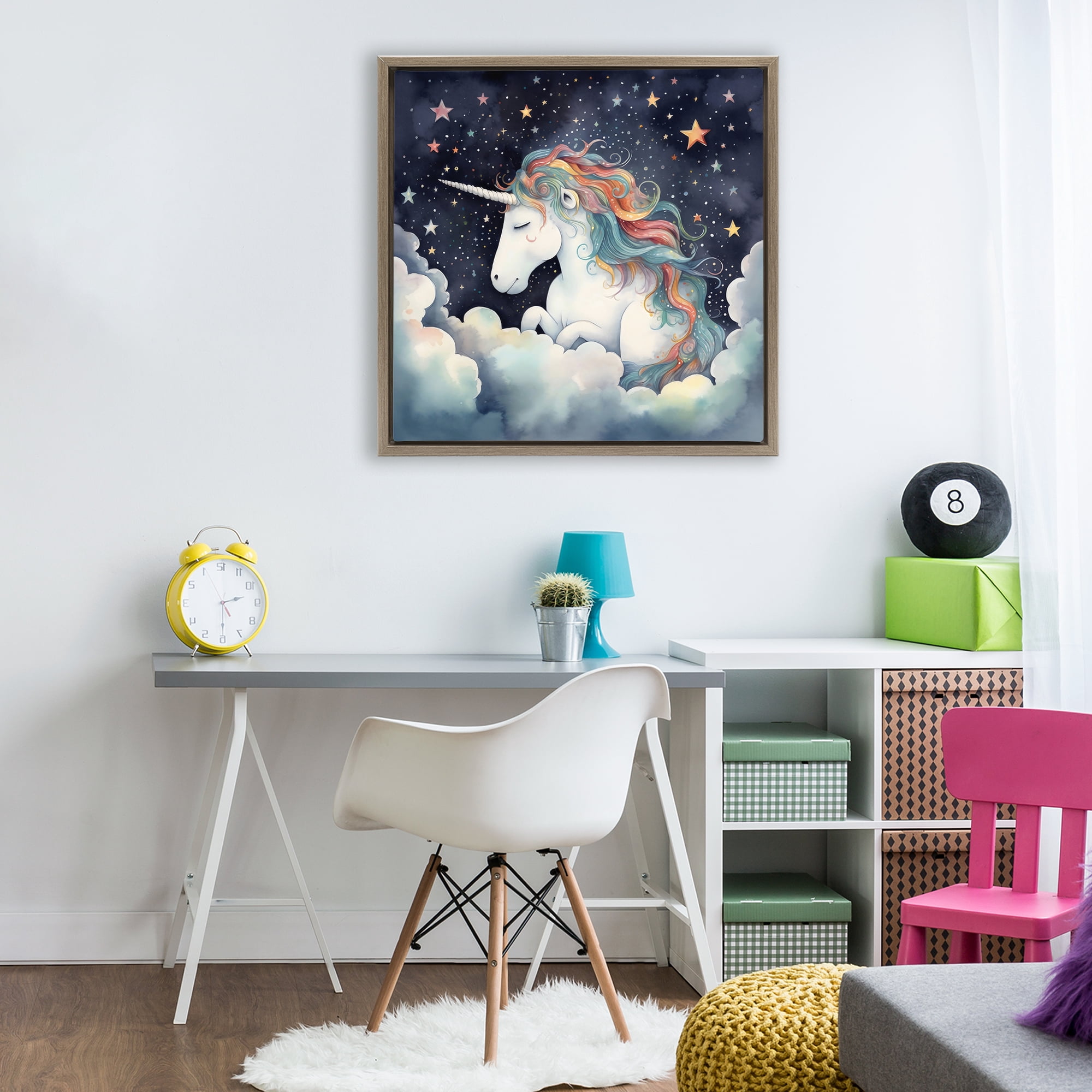 Stupell Industries Sleepy Unicorn in Starlit Clouds Brown Framed Floater Canvas Wall Art, design by Creative Studio