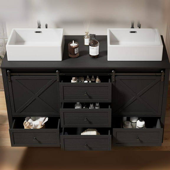 60-inch Bathroom Vanity Cabinet Double Vessel Sink Top Sink Cabinet Modern Wood