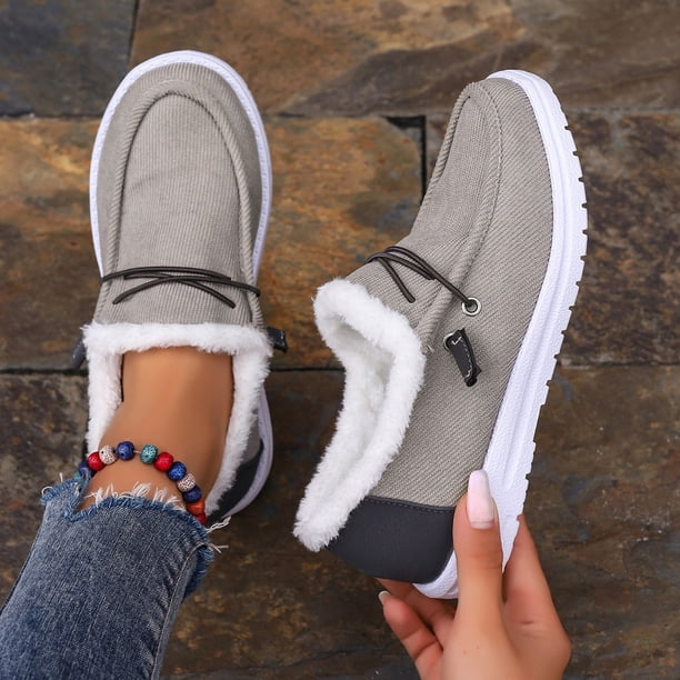 Zapatos de mujer de talla grande con relleno de algodón, de otoño e invierno, de estilo europeo y americano, con punta redonda, cordones, forro polar, cálidos y peludos