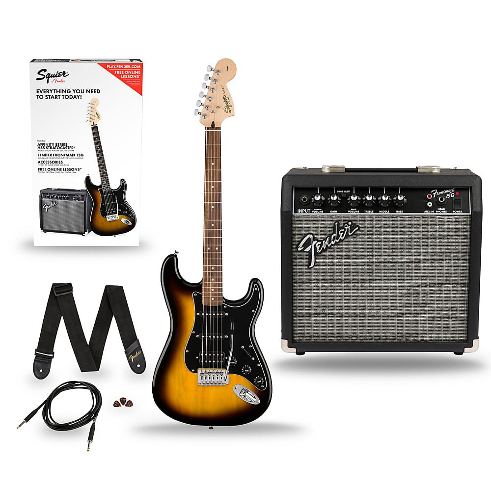 Squier Affinity Stratocaster Pack HSS Electric Guitar with Fender Frontman  15G Amp Brown Sunburst