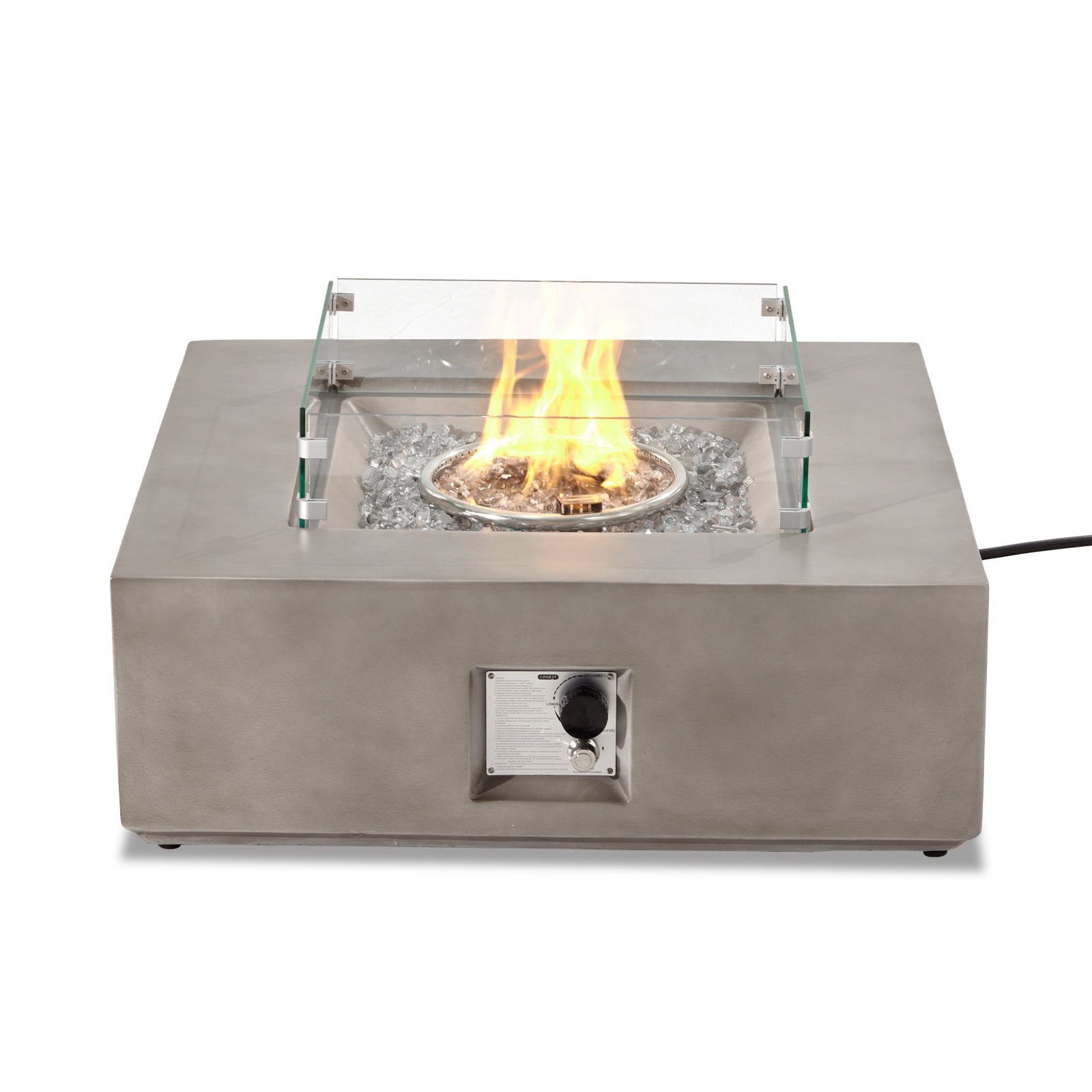 VENTOPYR Outdoor Propane Square Fire Pit Table, Gray Faux Stone 35-inch Planter Base, 50,000 BTU Stainless Steel Burner, Transparent Gray Fire Glass and Rain Cover, Metal Lid