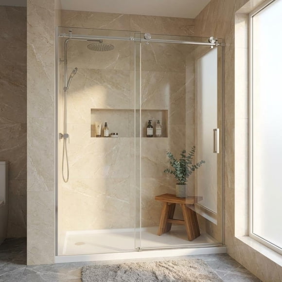 YUSAZENS Frameless Sliding Glass Shower Door 76x60 Inch 6mm Tempered Clear Glass with Easy-Clean Coating Stainless Steel Hardware Silver