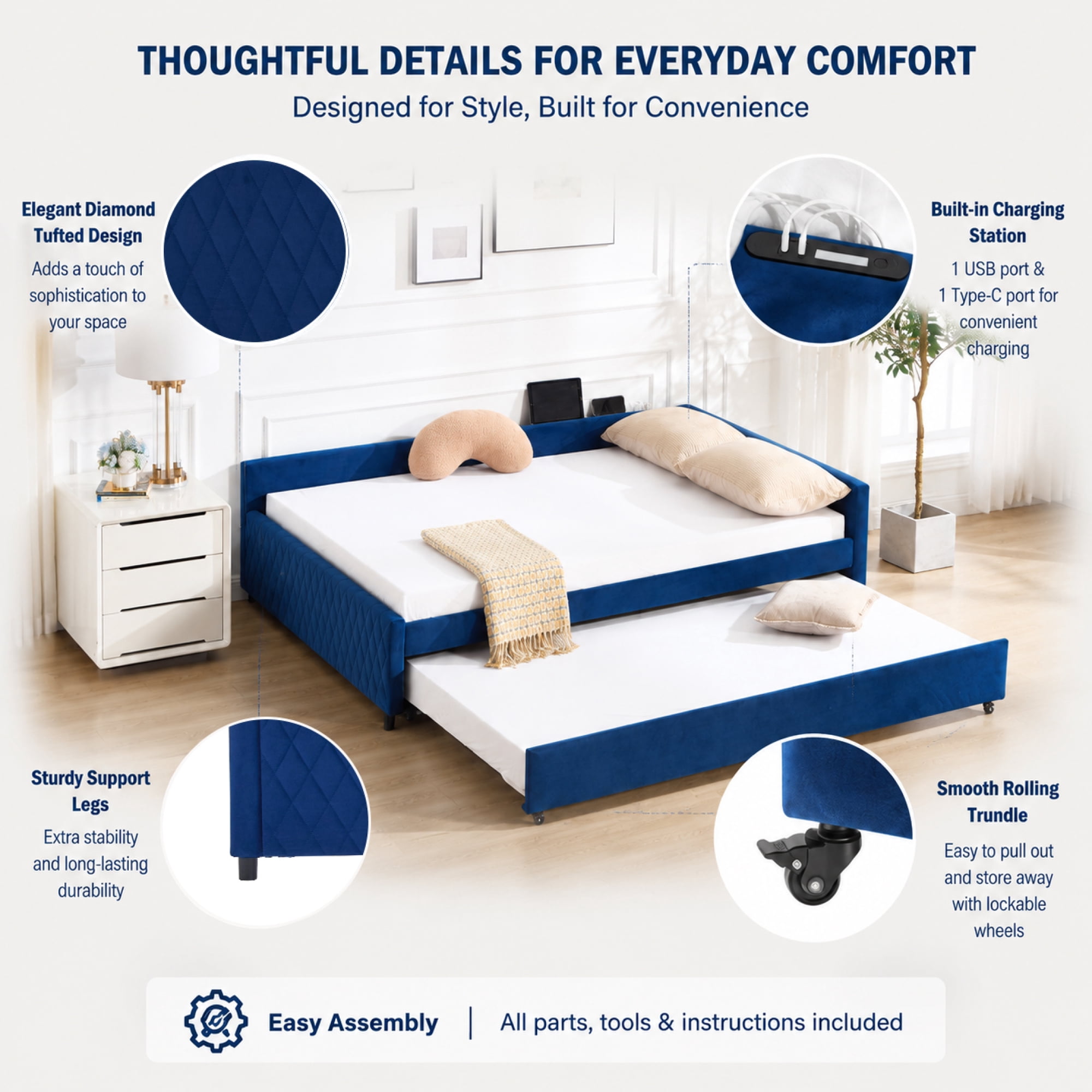 Leumius Upholstered Daybed with Trundle,Sturdy Wooden Bed Frame, Modern Diamond Grid Design for Bedroom Guest Room (Navy)