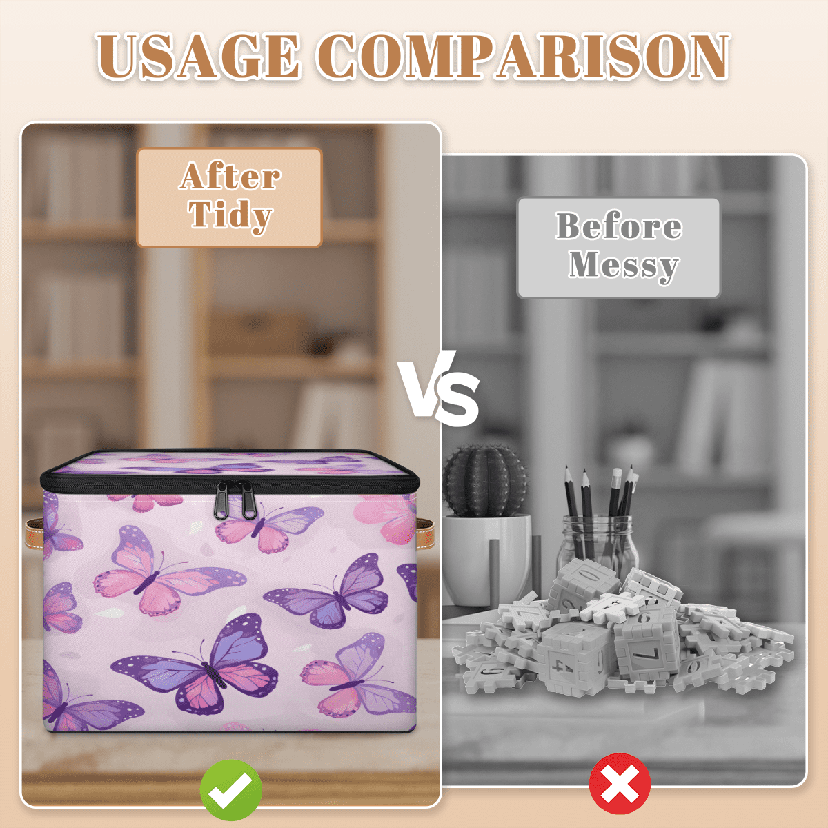 ADECORIVY Butterfly Storage Bin with Lid Fabric Purple Pink Foldable Storage Baskets Boxes for Clothes Shelves Closet Organizer Containers with Leather Handles for Wardrobe