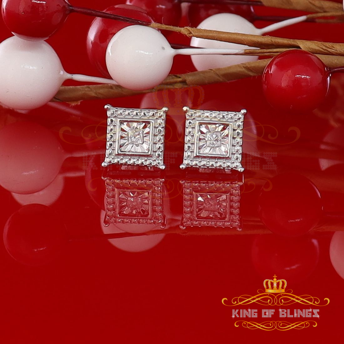 King of Bling's 0.10ct Diamond Stud Squre Earrings For Women White 925 Sterling Silver For Men