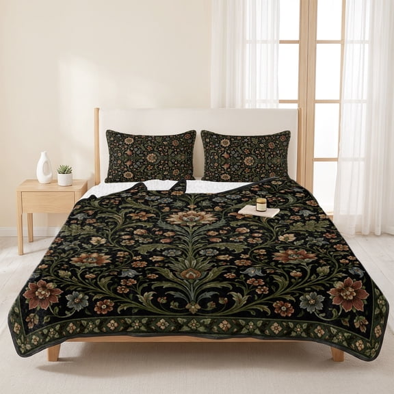 3 Piece Summer Bed Quilt Set King Size,Botanical Floral Vine Pattern Lightweight Bedspread Coverlet with 2 Pillowcases Vintage Flower Leaves Black Soft Comforter Bedding Quilts for All Season