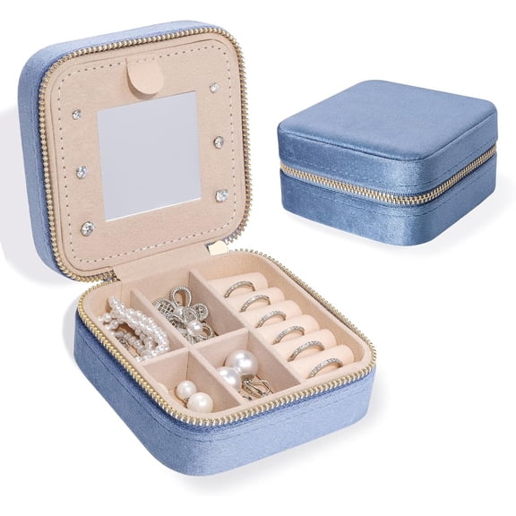 Plush Travel Case Organizer, Small Portable Display Storage Box with Mirror for Rings Necklace Bracelet Earrings Storage Case for Women Girls, Blue