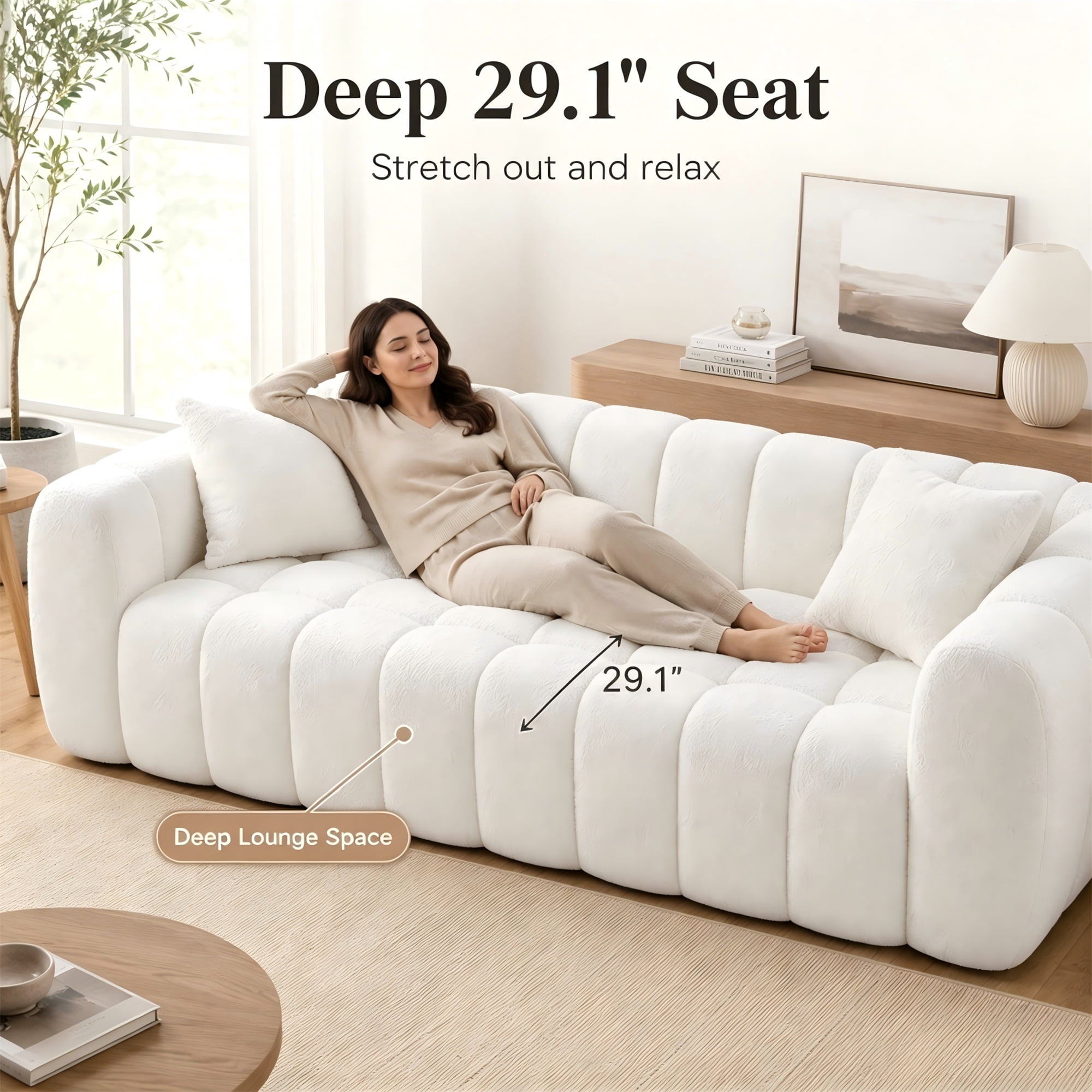 Aukfa 103" Oversized Boucle Cloud Sofa Deep Seat Boneless Couch with Square Tufted for Living Room, 2Pillows, Cream