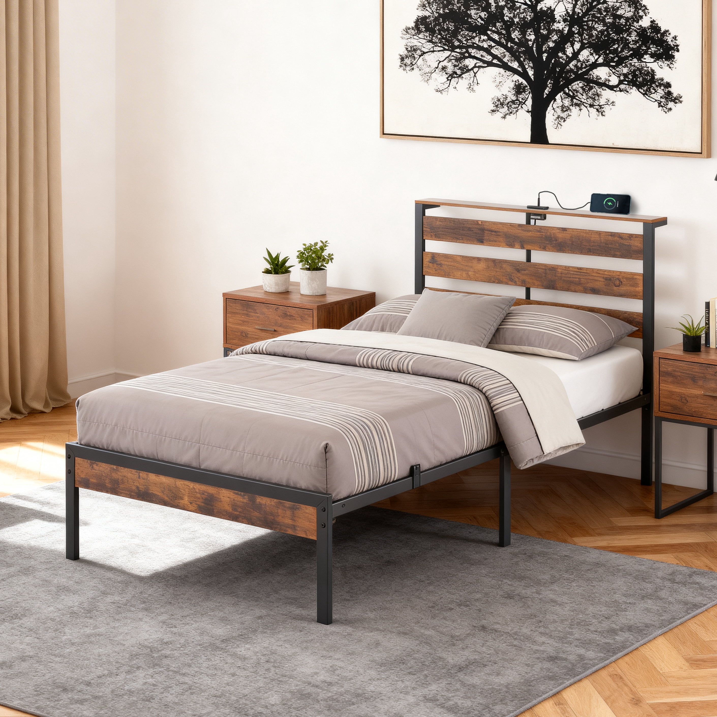 Gewnee TWIN Size Metal Bed Frame with RGB Lights & Charging Station (3 USB + 1 Type-C),Headboard with Shelf,No Box Spring Needed,Under-Bed Storage,Ideal for Bedroom,Dorm,Guest Room