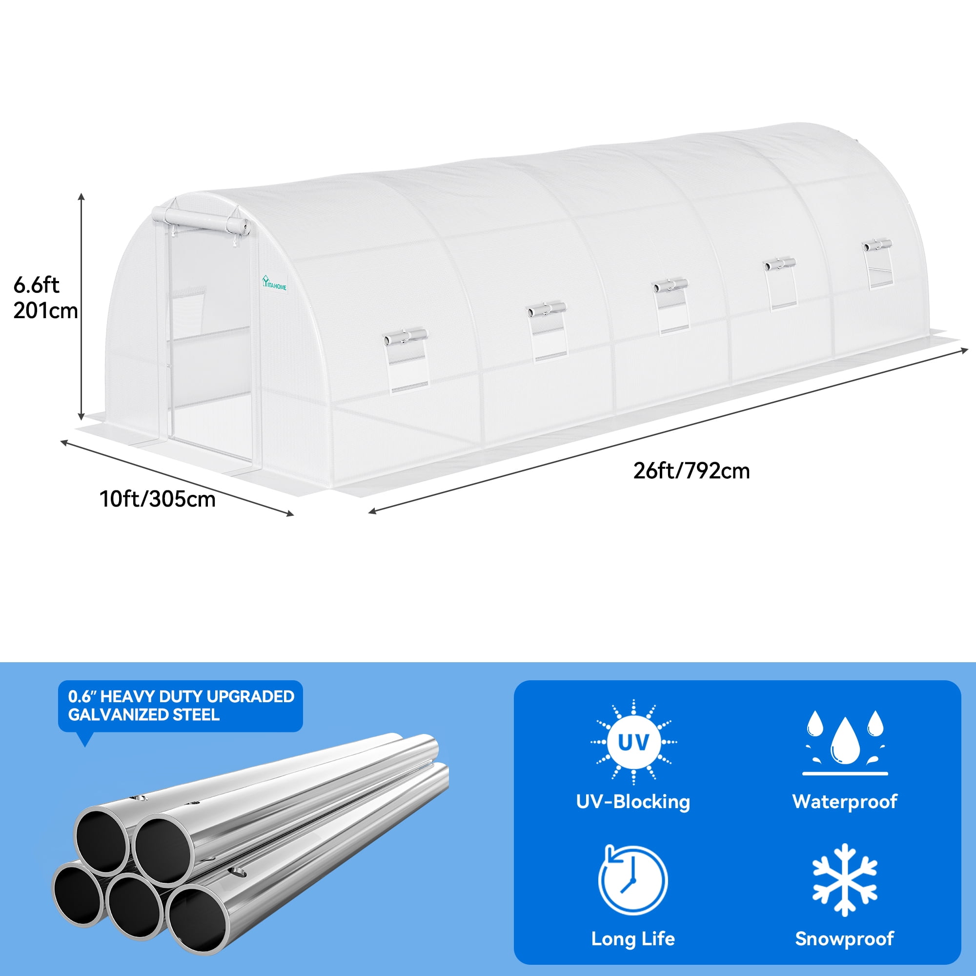 Dextrus Spacious Walk-in Tunnel Greenhouse for Outdoor Plant Gardening 26x10x6.5ft Greenhouse Large Heavy Duty Tunnel Green Houses, White