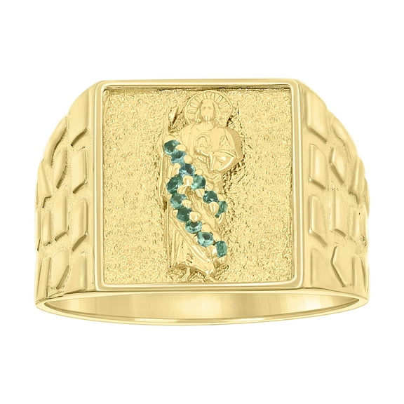 10k Yellow Gold Mens Green Cubic-Zirconia St. Jude Religious Square Head Nugget Ring