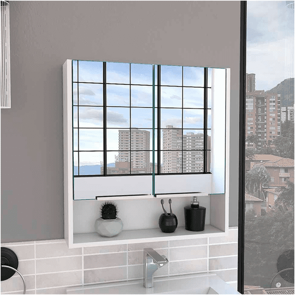 JERFIT 24x24 Inch Modern White Medicine Cabinet with Mirror, Wall Mount Bathroom Storage Cabinet with 1 Open Shelf & 3 Adjustable Glass Shelves