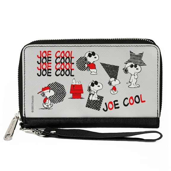 Peanuts Wallet, Zip Around, Peanuts Joe Cool Snoopy Poses and Text Gray Black Red White, Vegan Leather
