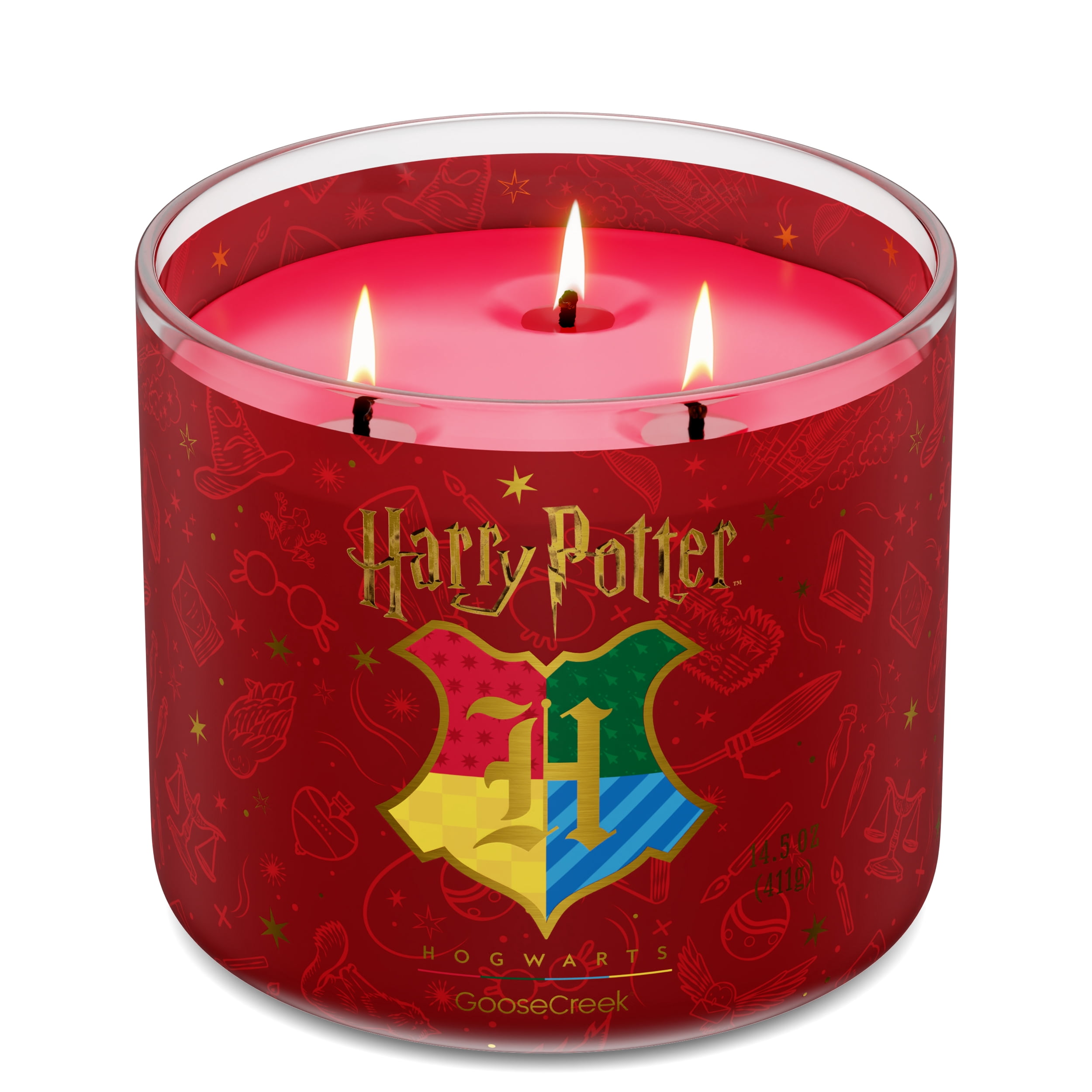 Goose Creek Harry Potter Hogwarts 3-wick Crackling Hearthwood, Whispering White Woods, Worn Leather & Spellbound Pages Scented Jar Candle, 14.5oz