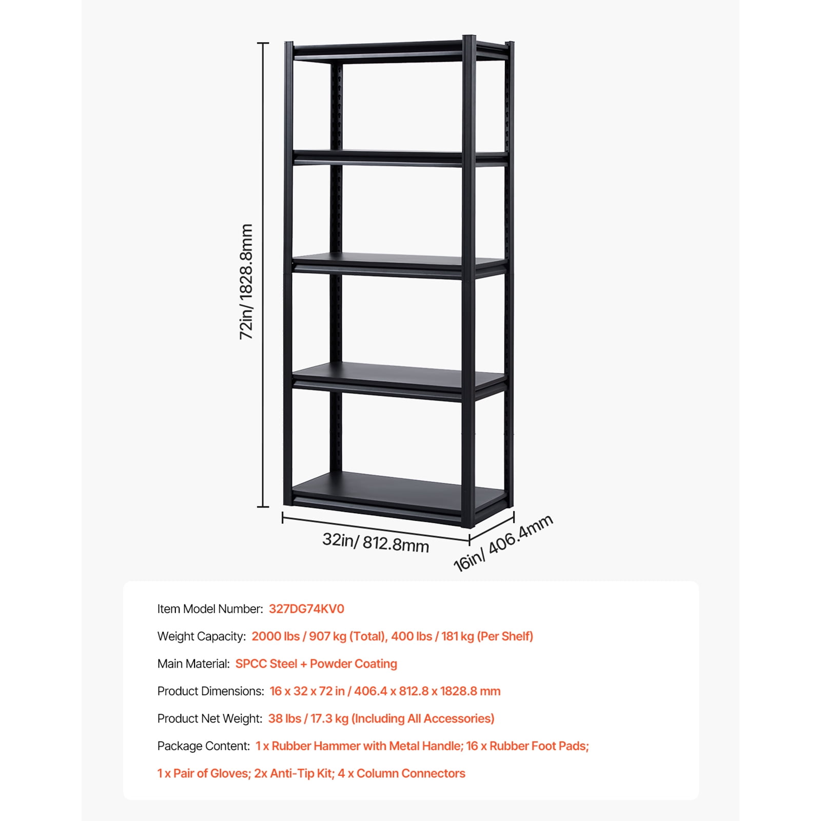 KFFKFF Organizing Racks, 2000 lbs Capacity, Five-Level Garage Storage System, Dimensions 16" D x 32" W x 72" H, Adjustable Iron Shelves for Utility Rack, Suitable for Kitchen, Warehouse, Black