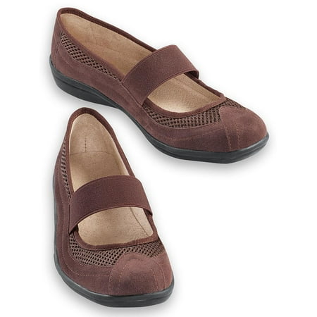 Comfortable Slip-On Mary Jane Shoes, Wide Width - Easy On/Off Design with the Stretchable Strap and Lightweight Flexible Rubber Sole, 9, Chocolate