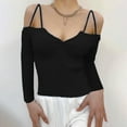 thumbnail image 2 of XFLWAM Women Spaghetti Straps Long Sleeve Ribbed Knit Top Off Shoulder V Neck Shirt Cold Shoulder Solid Color Slim Blouse Black M, 2 of 6