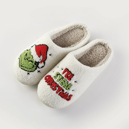 

Clearance! Furry Slippers for Men and Women In Winter Cute Indoor Plush Warm Grinch Slippers Men and Women Thick Bottom Soft Bottom Shoes Thick Non-slip (White 40)