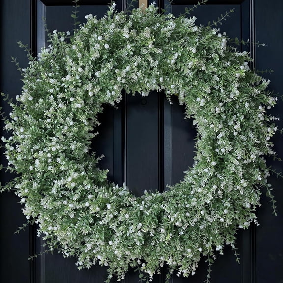 18'' Large Eucalyptus Wreath for Front Door, Porch- Artificial Eucalyptus and Lavender with Babys Breath Flowers Wreath for Home, Farmhouse Wall Decor- Spring, Summer, Fall, All Seasons (White-Green)