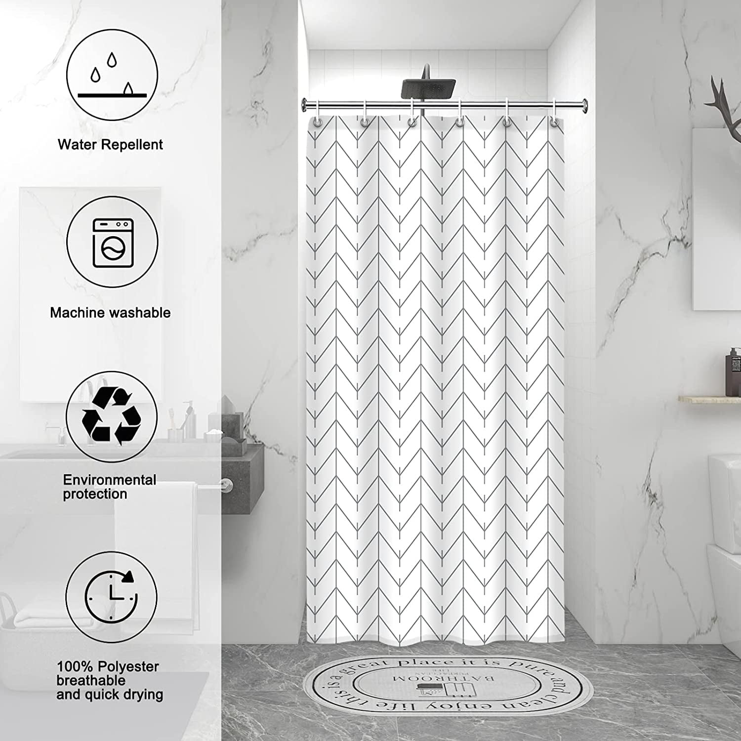 Grey and White Herringbone Shower Curtain, Modern Gray Geometric Chevron Striped Bathroom Decor, Waterproof Minimalist Fabric Polyester Set, with 12 Hooks 36 x 72 Inches