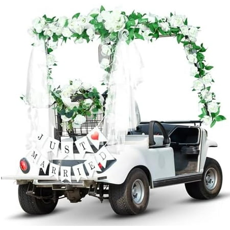 Wedding Golf Cart Decorations Golf Cart Rose Garland with Just Married Banner Sheer Chiffon Wedding Draping Fabric Accessories for Anniversary Decorations