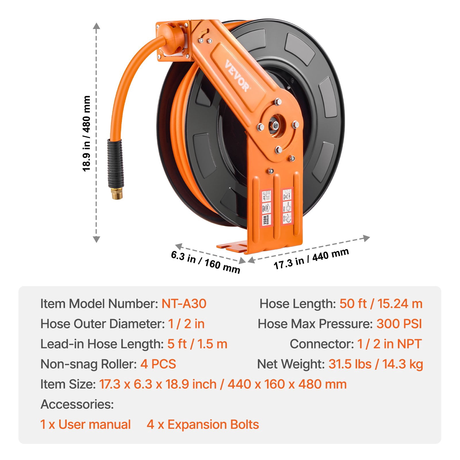 VEVOR Retractable Air Hose Reel, 1/2 IN x 50 FT Hybrid Air Hose Max 300PSI, Air Compressor Hose Reel Auto-Rewind with 5FT Lead in, Ceiling/Wall Mount Heavy Duty Single Arm Steel Reel, 1/2" NPT Fittin
