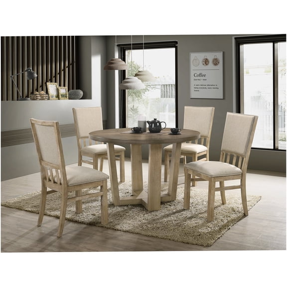 Vintage Walnut 5-Piece Round Dining Set with Fabric Chairs, Solid Wood Table and 4 Cushioned Seats