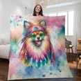 thumbnail image 2 of Hippie Pomeranian Portrait Watercolor Tie-Dye Vintage Styles Quilt Blanket Pom Dog Lover Gifts Cozy Comforter Throw Blanket - 00014, 2 of 5